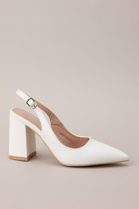 Step up your shoe game with our Elegant Elevation White Slingback Heels! These stylish heels will elevate any outfit, offering both fashion and function. Their comfortable slingback design and elegant white color make them a must-have for any fashion-forward diva. Walk tall and strut your stuff with these heels on your feet. Perfect for any occasion! These white heels feature a pointed toe, a faux leather material, an adjustable strap around the back of the foot, and a thick block heel. Heel measures 3.5" All Man Made Materials Non-skid Sole Manufactured in China Designed in the USA True to size White Slingback Heels, Sorority Rush Dresses, Walking Tall, Preppy Girls, Corporate Chic, Stylish Heels, Rush Dresses, Slingback Heels, Dress Bra