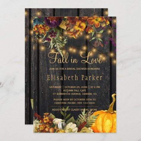 $2.45 | Fall in Love autumn floral barn wood bridal shower #autumn fall bridal shower, rustic country bridal shower, rusty orange, autumn burgundy flowers, pumpkin, chic gold calligraphy, fall in love, farmhouse bridal shower, brown barn wood, light strings Fall Baby Shower Invites, Friendsgiving Party, Budget Wedding Invitations, Couples Shower Invitations, Rusty Orange, Fall Bridal Shower, Floral Bridal Shower Invitations, Invitation Kits, Dinner Invitations