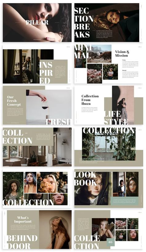 Powerpoint Fashion Design, Fashion Look Book Design Layout Ideas, Fashion Ppt Layout, Portfolio Powerpoint Design, Powerpoint Book Presentation, Fashion Presentation Template, Fashion Powerpoint Design, Fashion Ppt Template, Minimal Slide Design