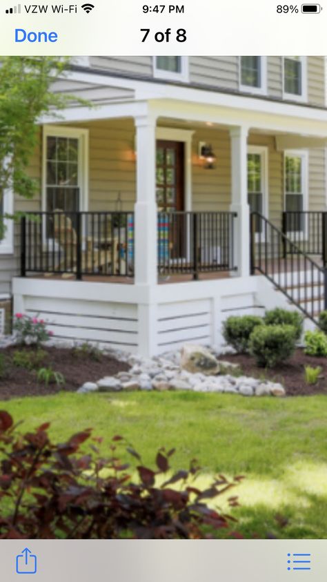 Front Porch Steps With Railing, Front House Stairs Porch Steps, Front Porch Underpinning Deck Skirting, Front Porch Ideas Blue House, Farmhouse Underpinning Ideas, Farmhouse Deck Skirting Ideas, Farmhouse Porch Skirting, Farmhouse Deck Skirting, Porch Railing Makeover