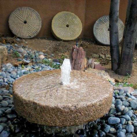 Small Stone Fountain, Mill Stone Water Feature, Millstone Fountain, Mill Stone, Gardening Party, Stone Water Features, Front Landscape, Stone Forest, Outdoor Waterfalls