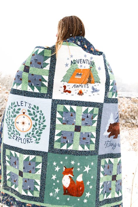 FREE Quilt Pattern! | Fabric: Camp Woodland by Natàlia Juan Abelló for Riley Blake Designs Baby Boy Quilt Patterns, Woodland Baby Quilt, Fox Quilt, Camping Quilt, Boys Quilt Patterns, Woodland Quilt, Panel Quilt Patterns, Woodland Fabric, Mountain Quilts