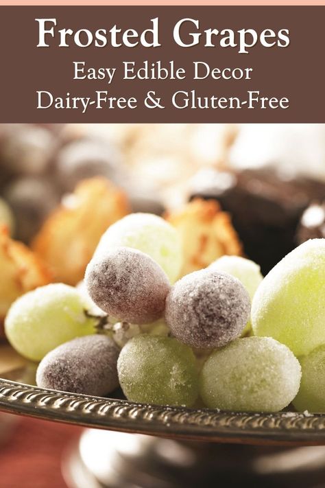 Frosted Grapes are Easy Edible Décor - dairy-free, gluten-free, soy-free, nut-free recipe Frosted Grapes Recipe, Frosted Grapes, Grape Appetizers, Vegan Frosting, Holiday Platters, Vegan Holiday Recipes, Grape Recipes, Vegan Party, Vegan Christmas Recipes