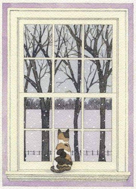 Cat On Windowsill Drawing, Snow Window Painting, Paintings Of Birds, Winter Cat, Winter Illustration, Ink And Watercolor, Tableau Art, First Snow, Cats Illustration