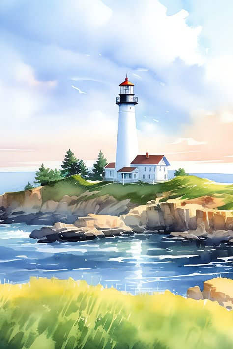 watercolor painting of a lighthouse Paintings Of Lighthouses, Lighthouse Paintings, Lighthouse Watercolor, Lighthouse Painting, Watercolor Landscape Paintings, The Lighthouse, Coastal Landscape, Light House, Landscape Artist