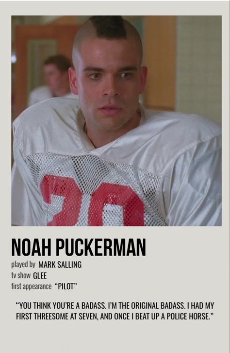 Glee Poster, Noah Puckerman, Glee Funny, Mark Salling, Minimal Posters, Character Posters, Character Poster, Quinn Fabray, Glee Club