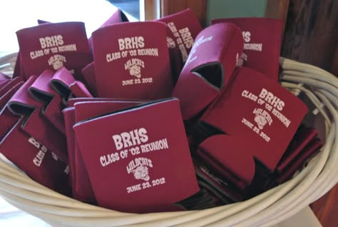 Class Reunion Koozies In A Basket. Keep By the Door So Everyone Gets One! #koozies #reunion High School Reunion Party Favors, 25th Reunion Ideas, High School Reunion Ideas, Class Reunion Ideas, High School Reunion Planning, School Reunion Decorations, Class Reunion Favors, 40th Reunion, Class Reunion Planning