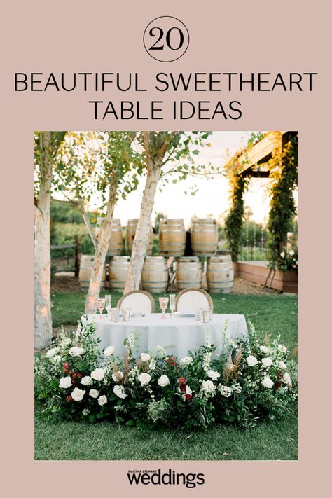 Believe it or not, making time to have an intimate, one-on-one moment with your spouse on your wedding day isn't easy— Opting for a sweetheart table on your big day is an easy way to do this. #Wedding #SweetheartTable #CoupleTable #WeddingIdeas #WeddingInspiration #Weddings #Inspiration #Ideas #WeddingReception | Martha Stewart Weddings - 20 Beautiful Sweetheart Table Ideas Any Couple Would Love Ideas For Sweetheart Table, Sweetheart Wedding Table Ideas, Outdoor Wedding Sweetheart Table, Sweetheart Wedding Table Decor, Couples Table Wedding Receptions, Sweetheart Table Decorations Wedding, Wedding Couples Table Ideas, Sweetheart Table Decor Simple, Whimsical Sweetheart Table