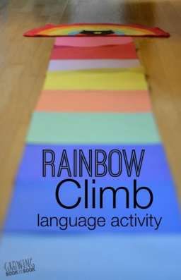 This playful preschool language activity teaches kids about color words, size words and provides a great dose of gross motor exercise! Language Activities For Preschoolers, Preschool Language Arts Activities, Language Activities Preschool, Preschool Language Arts, Language Development Activities, Preschool Weather, Literacy Activities Preschool, Rainbow Activities, Preschool Language