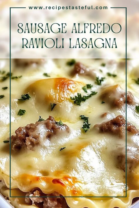 A comforting and delicious twist on traditional lasagna, this Sausage Alfredo Ravioli Lasagna combines crumbled Italian sausage with creamy Alfredo sauce and layers of cheese-filled ravioli for a hearty family meal. Italian Sausage Ravioli Recipe, Four Cheese Ravioli Recipe, Sausage Ravioli Recipe, Alfredo Ravioli, Cheese Ravioli Recipe, Cheesy Ravioli, Sausage Alfredo Pasta, Sausage Ravioli, Sausage Alfredo