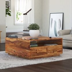 Delaware Rustic Solid Wood Square Coffee Table with 4 Drawers Diy Storage Table, Wood Square Coffee Table, Wood Coffe Table, Coffee Table Pictures, Fall Coffee Table, Sunroom Decorating, Diy Room Divider, Solid Coffee Table, Coffee Table With Drawers