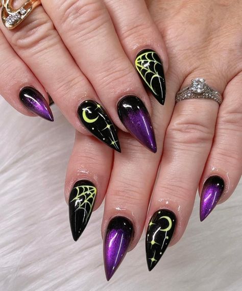 17. Neon Spider Webs and Purple Nights Purple Spider Web Nails, Purple And Green Halloween Nails, Purple Green Nails, Purple Halloween Nail Designs, Purple And Black Background, Acrylic Halloween Nails, Black And Purple Halloween, Purple Halloween Nails, Spider Nails