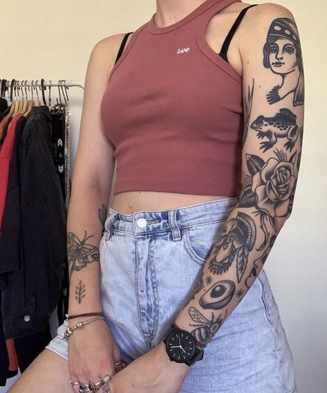 Traditional Black Sleeve Tattoo, Black Patch Work Tattoo Sleeve, American Traditional Sleeve Ideas, One Sleeve Tattoo Women, Traditional Half Sleeve Women, Black And White Patchwork Sleeve Tattoo, Traditional Tattoos Female, Bold Patchwork Tattoos, Patchwork Cover Up Tattoo