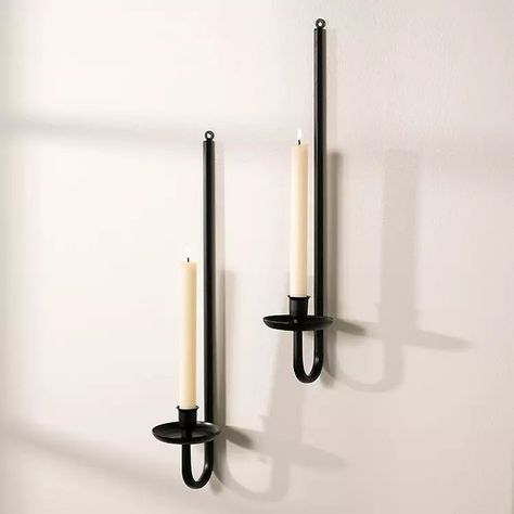 New! Black Metal Taper Candle Holder Sconces, Set of 2 | Kirkland's Home Candle Sconces Living Room Wall Decor, Candle Wall Scones, Stairwell Wall, Sconces Living Room, Taper Candle Holder, Sconces Bedroom, Selling Candles, Wall Candle Holders, Trendy Home Decor