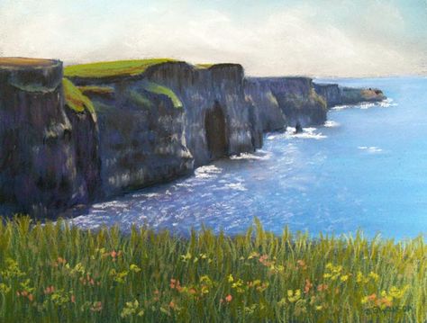 Cliffs Painting, Painting Cliffs, Ireland Landscape Painting, Watercolour Cliffs, The Cliffs Of Moher, Grass Painting, Waterfall Landscape, Watercolor Paintings Nature, Nature Watercolor