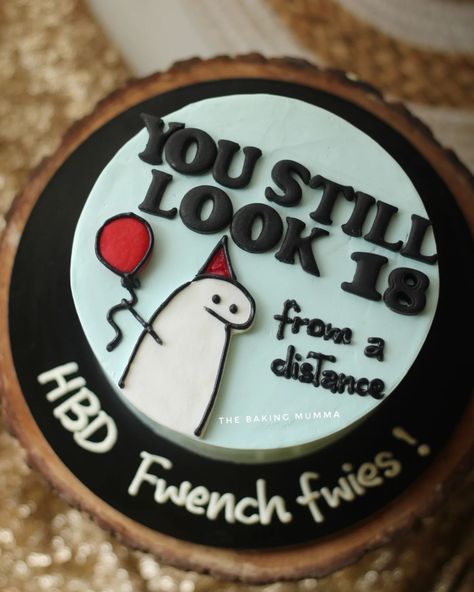 Keeping birthdays light-hearted with a little humor and a lot of love! This playful cake says it all – ‘You still look 18… from a distance!’ Perfect for adding a smile to the celebration. Want something unique? WhatsApp at 7044955912 to order your customized cake today! 🎂 #TheBakingMumma #CustomCakes #BirthdayCake #FunnyCake #CakeHumor #HomeBaker #CakeDesign #CelebrationCakes #MadeWithLove #OrderNow #CakeArt #BakersOfInstagram #UniqueCakes #CakeInspo Customized Cake For Men, Funny Bday Cakes For Men, Funny Birthday Cakes For Men, Customized Cake, Birthday Lights, Funny Birthday Cakes, 18th Birthday Cake, Birthday Cakes For Men, Cakes For Men