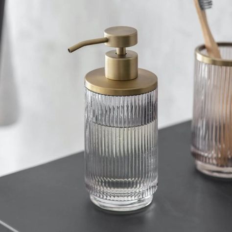 The stunning soap dispenser is giving us definite art deco vibes with its glass and brass combo. Fill with favourite liquid hand soap. Crafted in Vintage Bathroom Accessories, Soap Dispenser Design, Glass Soap Dispenser, Brass Tray, Bathroom Soap Dispenser, Soap Pump, Homewares Shop, Vintage Bathroom, Towel Rail