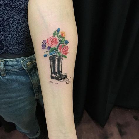 Rain Boots With Flowers, Boots Tattoo, Boot Tattoo, Boots With Flowers, Los Angeles Tattoo, California Tattoo, La Tattoo, Rain Boot, Paw Print Tattoo