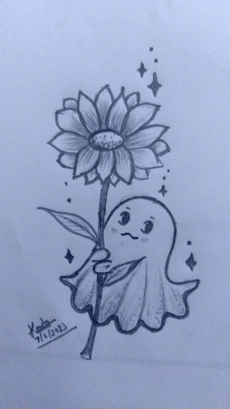 Ghost with beautiful sunflower 🌻 🥰😍 Ghost With Sunflower Tattoo, Ghost Flower Drawing, Anime Mini Drawings, Sunflower Drawing Pencil, Cute Sunflower Drawing, Happy Doodle Art, Sunflower Drawings, Sunflower Sketch, Sunflower Sketches