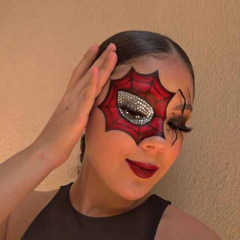 Spider Wed Makeup Halloween, Spider Woman Costume Ideas, Spiderwoman Costume Ideas, Spider Man Costume Makeup, Spiderman Face Paint Women, Rhinestone Spider Web Makeup, Diy Spiderman Costume For Women, Intense Halloween Makeup, Spiderman Face Makeup