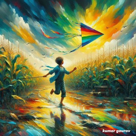 Indian Digital Art | **a child running in a field of corn holding a kite in hand | Facebook Kite Watercolor, Indian Digital Art, Kite Painting, Running In A Field, Analogous Color, Reference Photos, Art Reference Photos, Blue And Green, Painting Inspiration