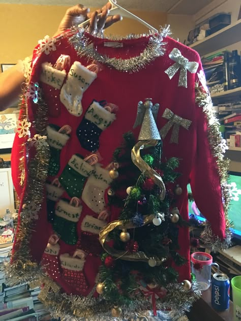 Ugly Christmas Sweaters Diy For Work, Kids Tacky Christmas Sweater, Home Made Ugly Christmas Sweater Ideas, Diy Ugly Christmas Sweaters For Kids, Homemade Ugly Christmas Sweater Diy, Diy Tacky Christmas Sweater, Ugly Sweater Contest Ideas, Crazy Christmas Outfits, Diy Ugly Xmas Sweater