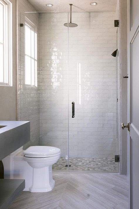 White Glazed Shower Tiles with Ceiling Mount Rain Shower Head - Transitional - Bathroom Rain Shower From Ceiling, Shower With Ceiling Shower Head, Small Shower With Rain Head, Ceiling Mount Shower Head, Ceiling Mount Rain Shower Head, Glazed Shower Tile, Shower Ceiling Tile Ideas, Tiled Shower Ceiling, Shower Ceiling Tile