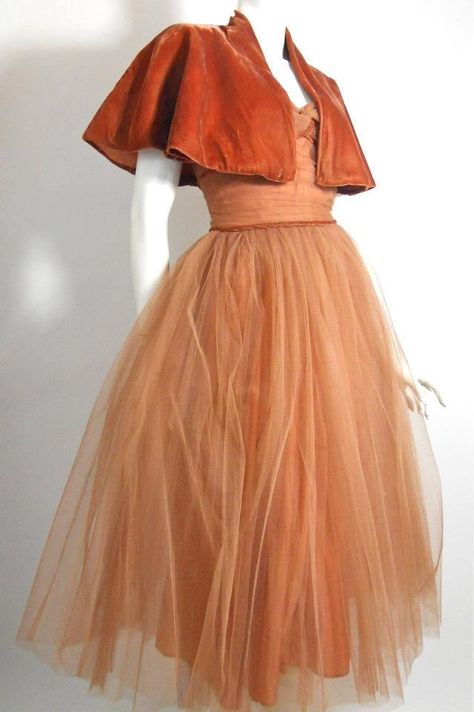 Cinnamon Dress Outfit, Orange 1950s Dress, Dress With Capelet, Vintage Halloween Dress, Pink Cape Dress, Pink Velvet Dress Outfit, 1950s Tulle Dress, Vintage Capelet, Orange Vintage Dress