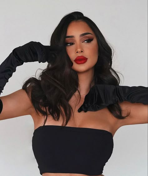 Black Gloves, Red Lipstick, Dark Hair, A Black, A Woman, Gloves, Lips, Makeup, Red