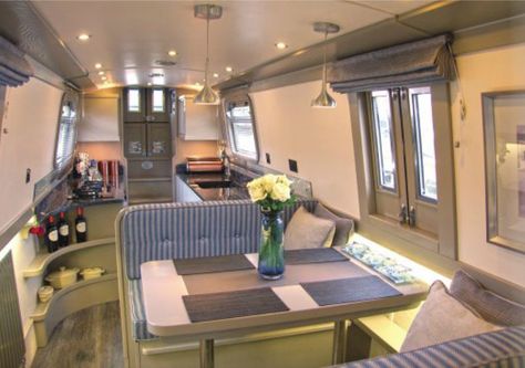 Nice modern interior in grey and blue and sage green Small Houseboats, Barge Interior, Canal Boat Interior, Barges For Sale, Barge Boat, Narrowboat Interiors, Boat House Interior, Houseboat Living, Boat Interior