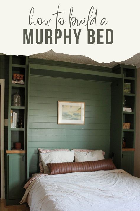 Before and after of green modern Murphy bed in office guest bedroom. Instructions for how to build a DIY Murphy bed and free plans. Murphy Bed Plan, Diy Murphy Bed, Guest Bedroom Home Office, Murphy Bed Kits, Build A Murphy Bed, Guest Bedroom/office, Murphy Bed Ikea, Murphy Bed Desk, Murphy Bed Diy