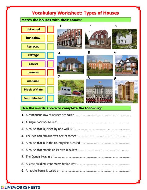 Types of houses interactive worksheet for Pre-intermediate. You can do the exercises online or download the worksheet as pdf. House Description, Different Types Of Homes Preschool, Evs Worksheets For Grade 2 Houses, Different Types Of Houses Kids Project, Types Of Houses Worksheet, Different Rooms In A House Worksheet, Number Words Worksheets, Plants Worksheets, Different Types Of Houses