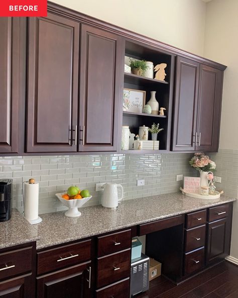 Kitchen Desk Makeover, Replacing Kitchen Cabinet Doors, Kitchen Desk Area, Kitchen Desk Areas, Built In Buffet, Old Cabinet Doors, Brown Kitchen Cabinets, Buffet Style, Brown Granite