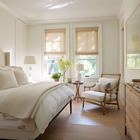 The room’s furniture includes a traditional wooden armchair, adding to its charm. White Bedroom Interior, Scandinavian Design Bedroom, Guest Bedroom Decor, Wooden Armchair, Bamboo Shades, Bamboo Furniture, Bedroom Interior Design, Small Room Bedroom, Comfort Color