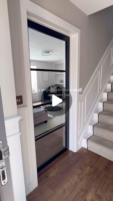 Becky Clarke on Instagram: "AD: 3 steps to elevate a small entrance hall. 

Small, big or bougie the entrance hall is the first space people see when they enter your home. 

Our entrance way is small and was very dark. So creating a space that was brighter and more welcoming was key. 

1: Panelling: 
Whether you choose to go dark or light the biggest challenge for us was to add character. We chose to wainscot and paint in a brilliant white. This completely transformed the space and is my number 1 tip for elevating your entrance hall. 

2: Stair runner: 

While this isn’t essential our front door opens to our staircase so making this have a touch of drama was essential so we decided to paint the staircase black. But the real elevator was the runner with black trim. 

I know these can be cos Staircase Black, Small Entrance Halls, Space People, Small Entrance, Entrance Way, The Staircase, Entrance Ways, Stair Runner, Entrance Hall