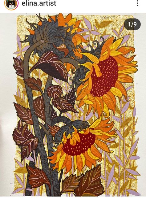 Screen Print Flowers, Layered Lino Print, Sunflower Lino Print, Sunflower Linocut, Camomile Illustration, Daisy Sketch, Color Linocut, Linoleum Printmaking, Reduction Linocut