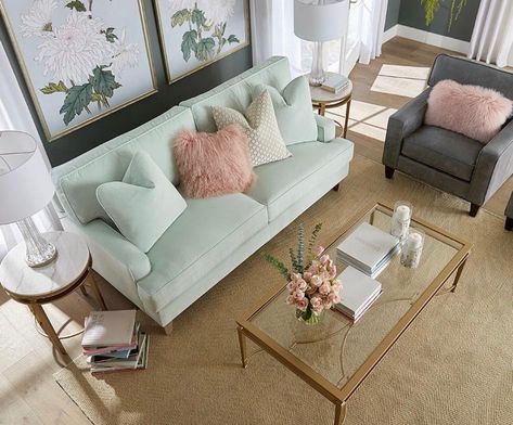 Pastel Green Couch Living Room, Mint Couch Living Room Decor, Mint Couch Living Room, Mint Sofa Living Room, Mint Green Sofa Living Rooms, Mint Green Living Room Ideas, Mint Green Couch, Mint Couch, Mint Green Living Room