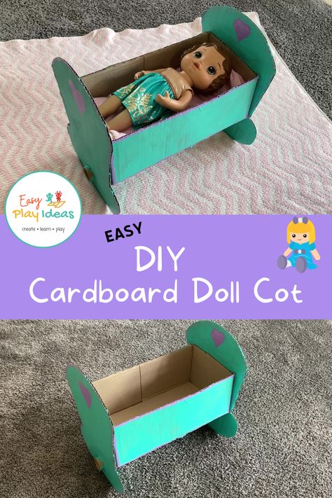 For children who love playing with dolls, having a bed for their dolls is a big part of their pretend play. Rather than purchasing another toy, you can make a doll cradle using a cardboard box, glue and some paint! Children can be involved in the decorating process and paint or place stickers on the cradle to customise it. Best of all, you can recycle the cardboard cradle once they are not interested in doll play anymore. Bed For Dolls, Wooden Doll Cradle, Doll Bed Diy, Baby Doll Cradle, Cardboard Box Diy, Baby Doll Crib, Recycled Ideas, Baby Doll Furniture, Nursery Diy