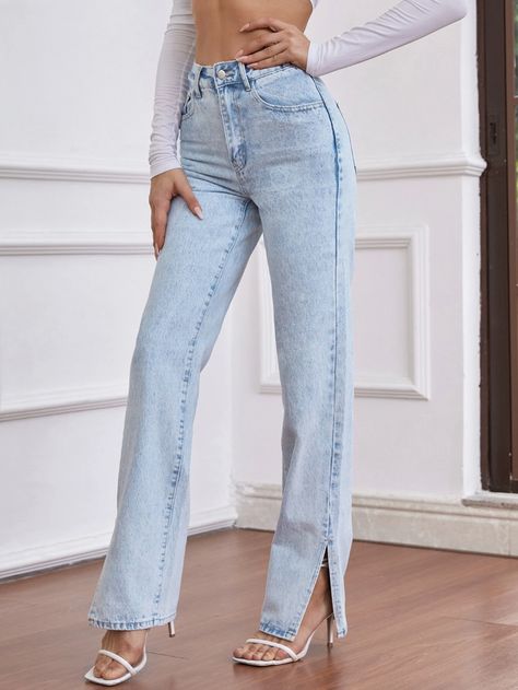 High Waisted Split Hem Jeans | SHEIN EUR Straight Leg Split Jeans Outfits, Side Split Jeans Outfit, Split Hem Jeans Outfit With Heels, Side Split Jeans, Split Jeans Outfit, Split Hem Jeans Outfit, Split Hem Jeans, Split Hem Pants Outfit, Asymmetrical Hem Denim Bottoms