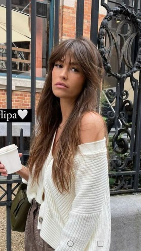 2023 Hair Trends For Women Fringe, Long Hair With Whisky Bangs, The French Fringe, Wavy Long Bangs, Fringe Long Hairstyles, Whispy Front Bangs Long Hair Layers, Long Brown Hair With Fringe, Long Hair And Fringe, Paris Casual Street Style