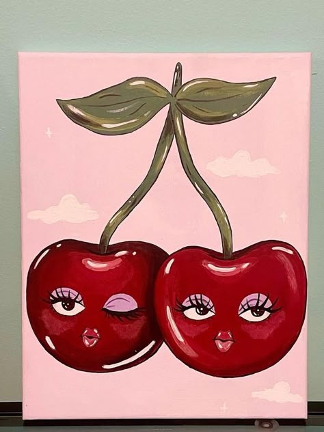 Paint Night Ideas For Beginners, Disco Cherry Painting, Canvas Painting Ideas Fruit, Cherry Face Paint, Cherry Painting Easy, Cherry Painting Acrylic, Vibey Paintings, Cherry Art Aesthetic, Cherry Canvas Painting