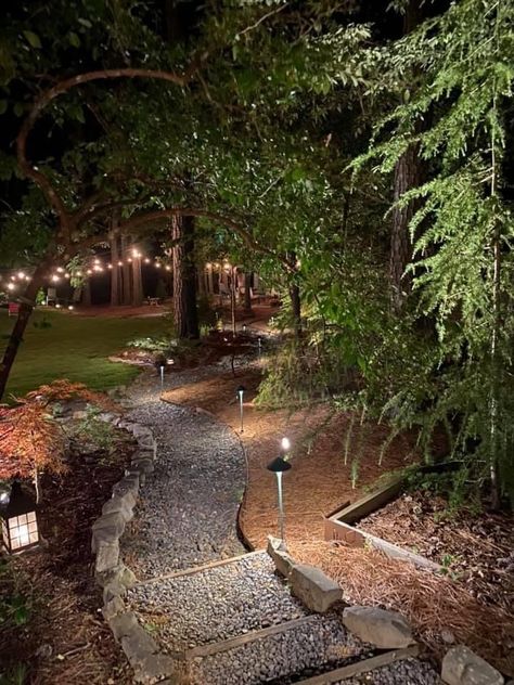 Light Up Pathway Walkways, Lake Walkway Pathways, Wooded Backyard Landscape Ideas Walkways, Mystical Yard Ideas, Outdoor Wooded Backyard, Woods Backyard Landscape, Forest Deck Ideas, Property Ideas Outdoor, Georgia Backyard Landscaping