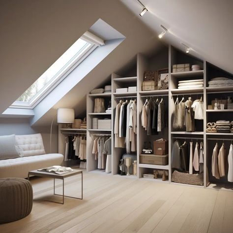 Low Ceiling Walk In Closet, Walk In Closet Ideas Attic, Attic Apartment Design, Room In Attic Ideas, Attic Space Ideas Low Ceilings, Buardilla Ideas, Attic Dressing Room Ideas, Small Bedroom Dressing Room, Low Attic Bedroom Ideas Angled Ceilings