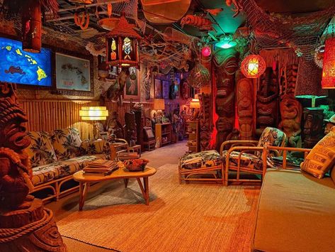 Home Tiki Bar: Tabu Tiki Room - Munster, Indiana,… | mytiki.life Tiki Bar Aesthetic, Tiki Bar Boat, Kava Bar, Listening Lounge, Home Tiki Bar, Spooky Island, Decorating Mugs, Boat Marina, Tiki Bar Ideas