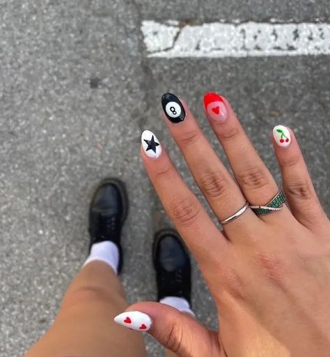 Nail Ideas Acrylic Stars, Retro Aesthetic Nails, 8ball Cherry Nails, 8 Ball Nails Short, 8 Ball Cherry Nails, 8 Ball Acrylic Nails, Magic Eight Ball Nails, 8 Ball Nail Design, Red 8 Ball Nails