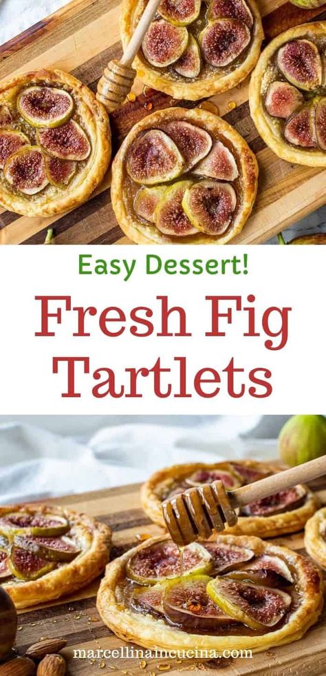 These Fig Tartlets are just the kind of quick, delicious dessert you need when you are in a hurry and want something sweet after dinner! Using store bought puff pastry, a drizzle with honey and a sprinkle of cinnamon, these dessert pastries are quick to make in just 30 minutes!! #figtartlets #figrecipes #individualpastries #dessertrecipe Puff Pastry With Figs, Fresh Fig Deserts, Figs Dessert Recipes, Vegan Fig Dessert, Things To Make With Figs, Fig Desserts Easy, Fig Pastries, Fig Desert, Fig Pastry