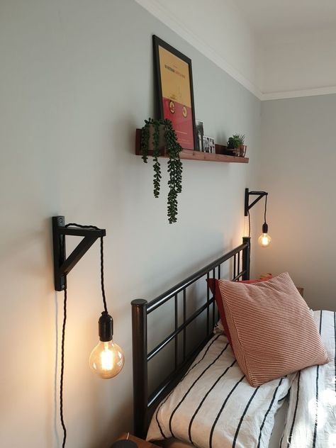 Hanging Bedside Lights Diy, Small Bedroom Lighting Ideas, Hanging Bedside Lights, Bedside Hanging Lights, Hanging Bedroom Lights, Hanging Lamps Bedroom, Bedside Lights, Hanging Bedroom, Modern Living Room Wall