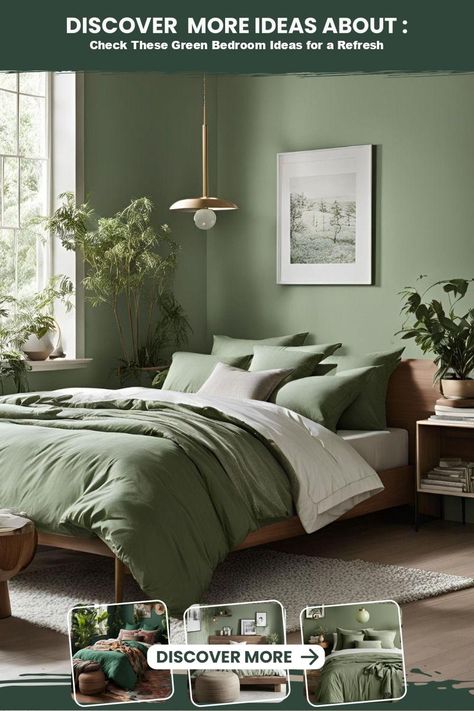 Check These Green Bedroom Ideas for a Refresh Light Green Bedroom Ideas, Light Green Bedroom, Khaki Bedroom, Narrow Bedroom, Green Bedroom Walls, Green Bedrooms, Green Bedroom Ideas, Sage Green Bedroom, Natural Decor