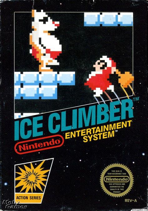 The box cover for Ice Climber, a platform game released for the Nintendo… Ice Climber, Nintendo Nes Games, Nintendo Classic, Nintendo Entertainment System, Vintage Video Games, Nes Games, V Games, Classic Video Games, Nintendo Game