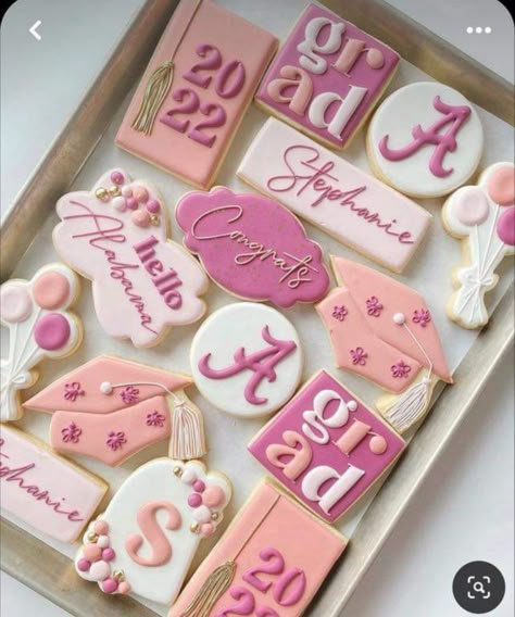 Pink Grad Cookies, Grad Cookies 2023, Grad Party Cookies, Grad Cookies, Pink Graduation Party, Grad Party Theme, Law School Graduation Party, Graduation Party Desserts, Floral Graduation Party